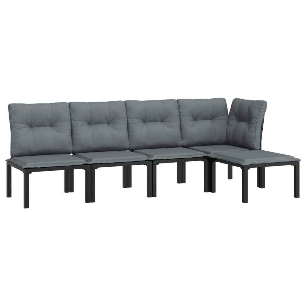 vidaXL Patio Lounge Set 5 Piece, Sectional Sofa Set with Cushions, Conversation Set with Outdoor Footstool, Modern Style, Black and Gray Poly Rattan