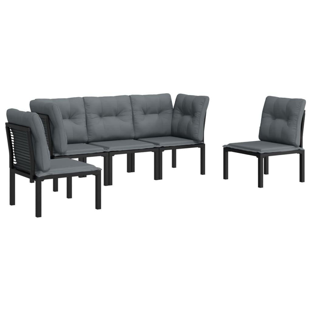 vidaXL 5 Piece Patio Lounge Set in Black Poly Rattan with Powder-coated Steel Frame and Dark Grey Cushions - Comfortable Outdoor Seating with Modular Design and Easy Assembly