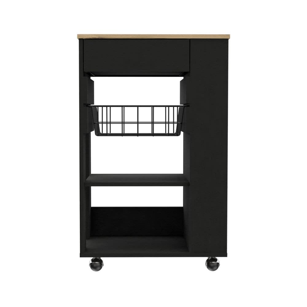 HomeRoots Black-Light Oak Sleek Black and Light Oak Portable Kitchen Cart