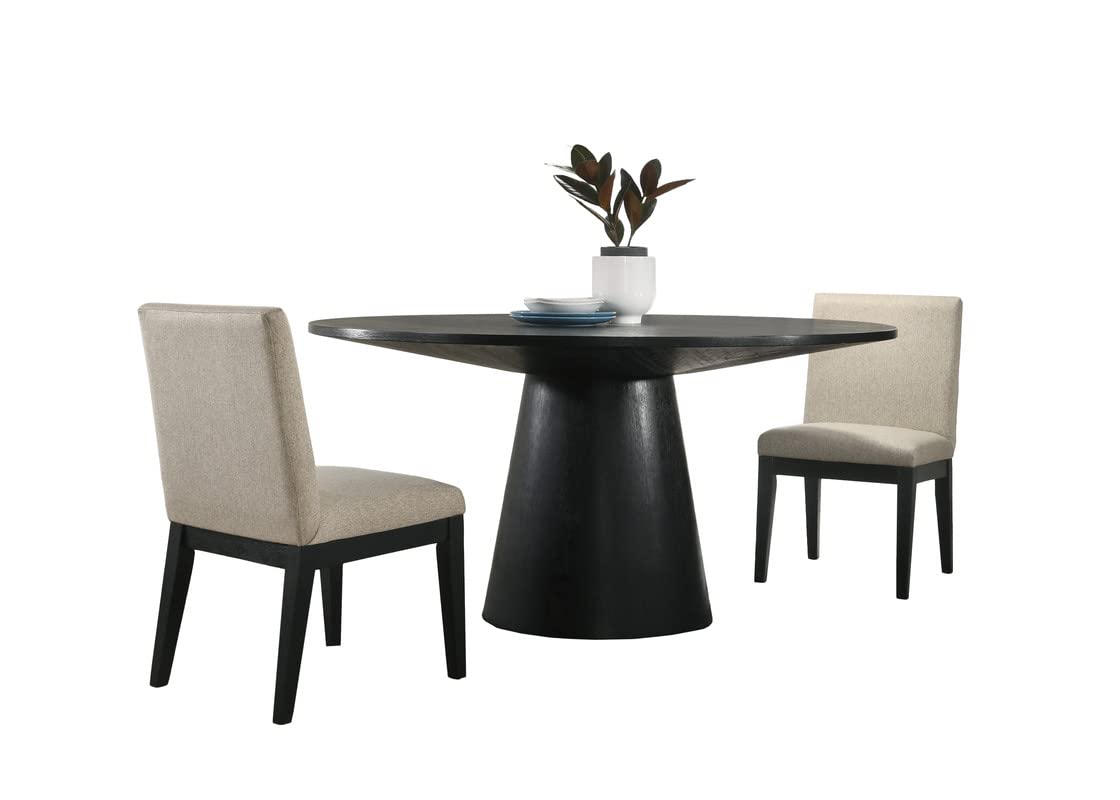 Lilola Home Jasper Ebony Black 3 Piece 59&quot; Wide Contemporary Round Dining Table Set with Beige Fabric Chairs