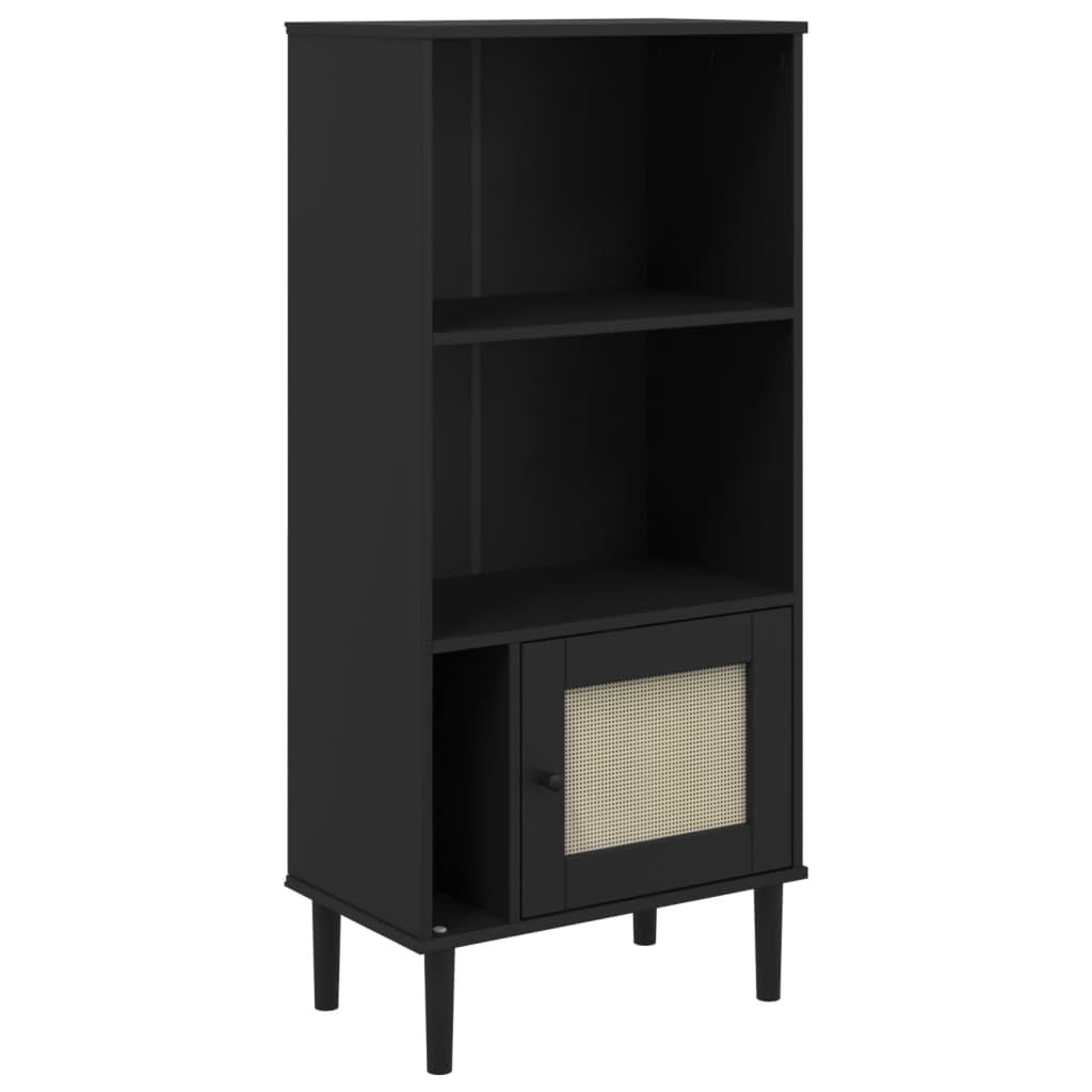 vidaXL SENJA Pine Wood Bookcase - Black, UV Varnish Finished, Freestanding with Rattan Look Design, Ample Storage Space - 23.6&quot;x13.8&quot;x51.2&quot;