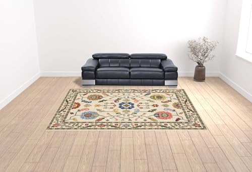 HomeRoots 509316 10 x 13 ft. Ivory Green Blues Pink Yellow Rust Brown Tan & Gray Oriental Power Loom Stain Resistant Rectangle Area Rug with Fringe