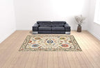 HomeRoots 509316 10 x 13 ft. Ivory Green Blues Pink Yellow Rust Brown Tan & Gray Oriental Power Loom Stain Resistant Rectangle Area Rug with Fringe