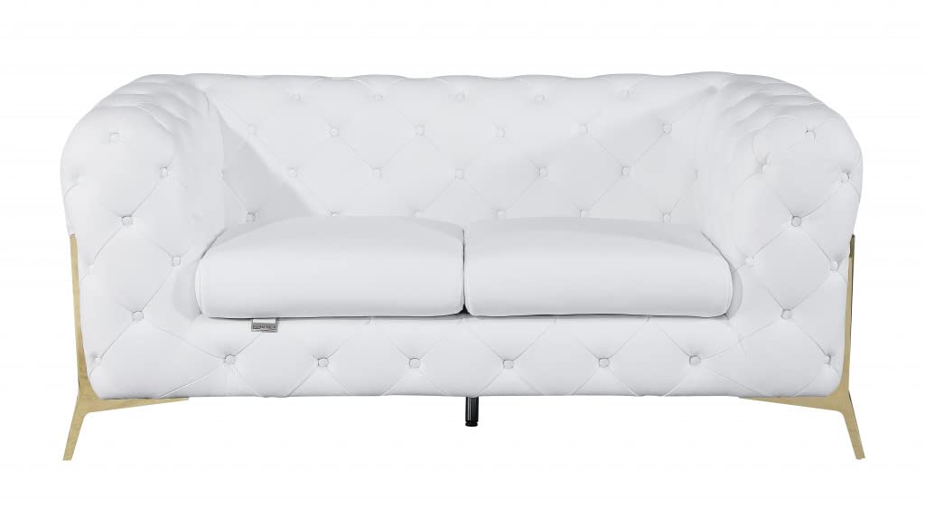 HomeRoots 69&quot; White All Over Tufted Italian and Gold Leather Love Seat