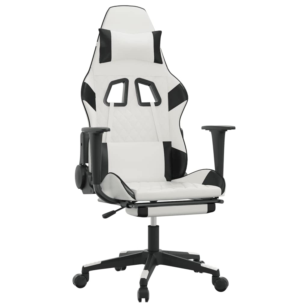 vidaXL Adjustable Gaming Chair with Footrest, Faux Leather, White and Black, Rolling Castors, 360 Degree Swivel, Sturdy Metal and Plywood Frame
