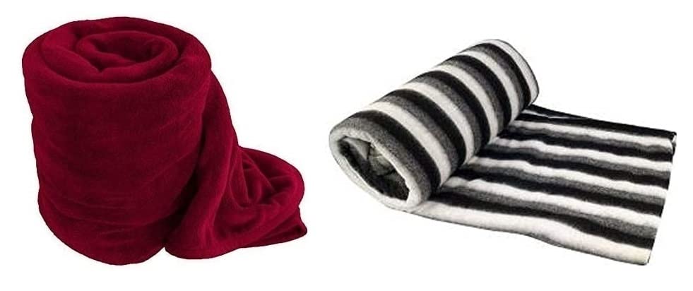 Wavva Plain and Black and White Fleece 2 Single Bed BlanketsRed and Black and White (Set of 2)