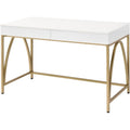 Acme Lightmane Wooden Top Writing Desk in White High Gloss and Gold