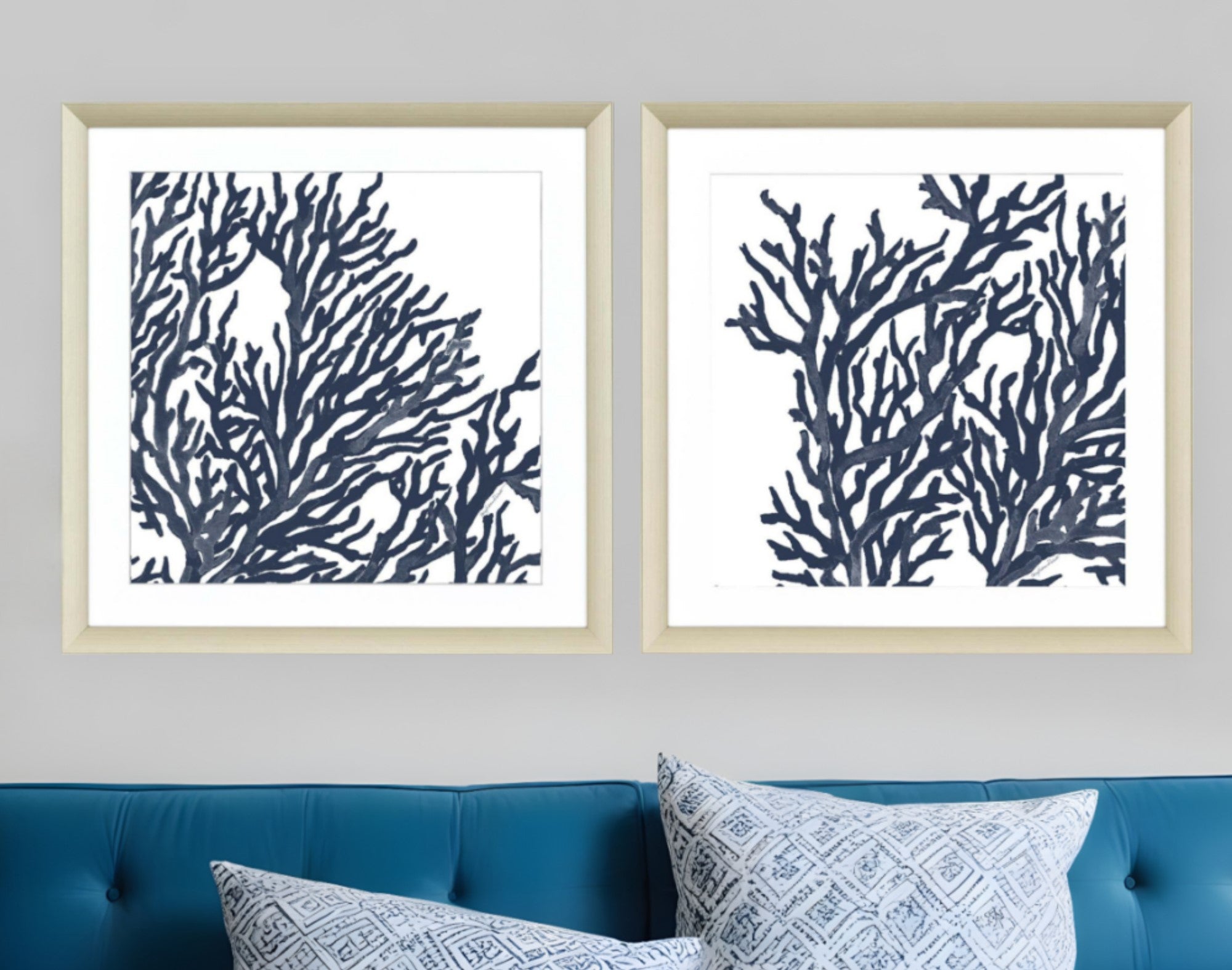 Set Of Two Blue Coral I Silver Framed Print Wall Art