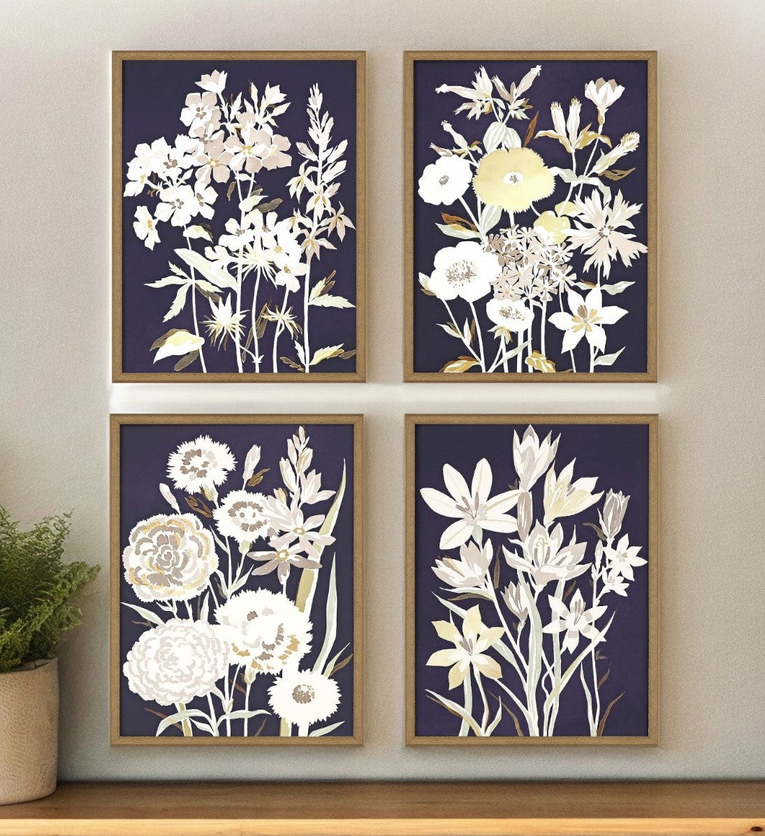 Set Of Four Midnight Florals Gold Framed Print Wall Art