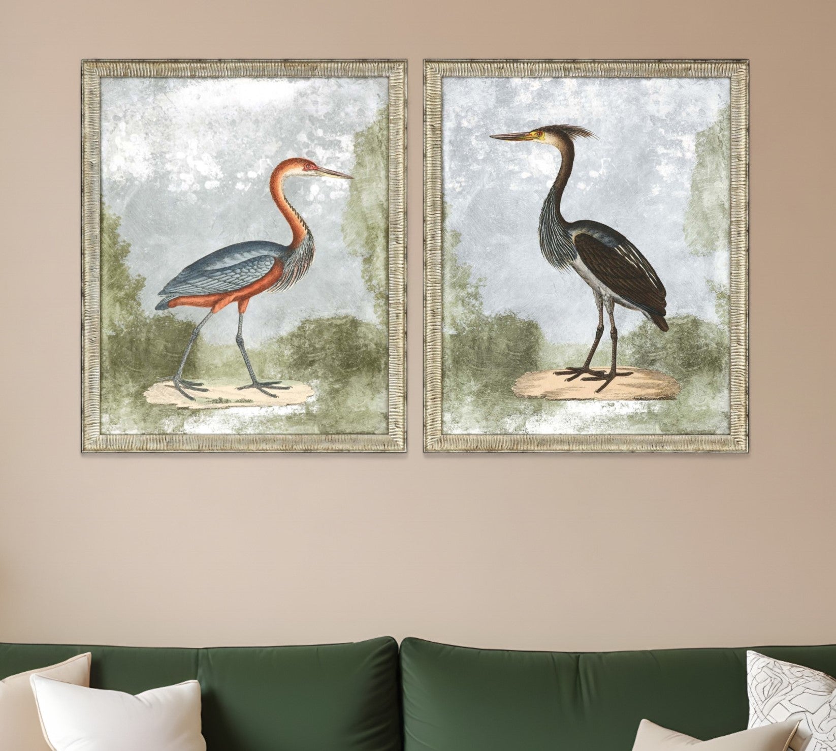 Set Of Two Cranes II Silver Framed Print Wall Art