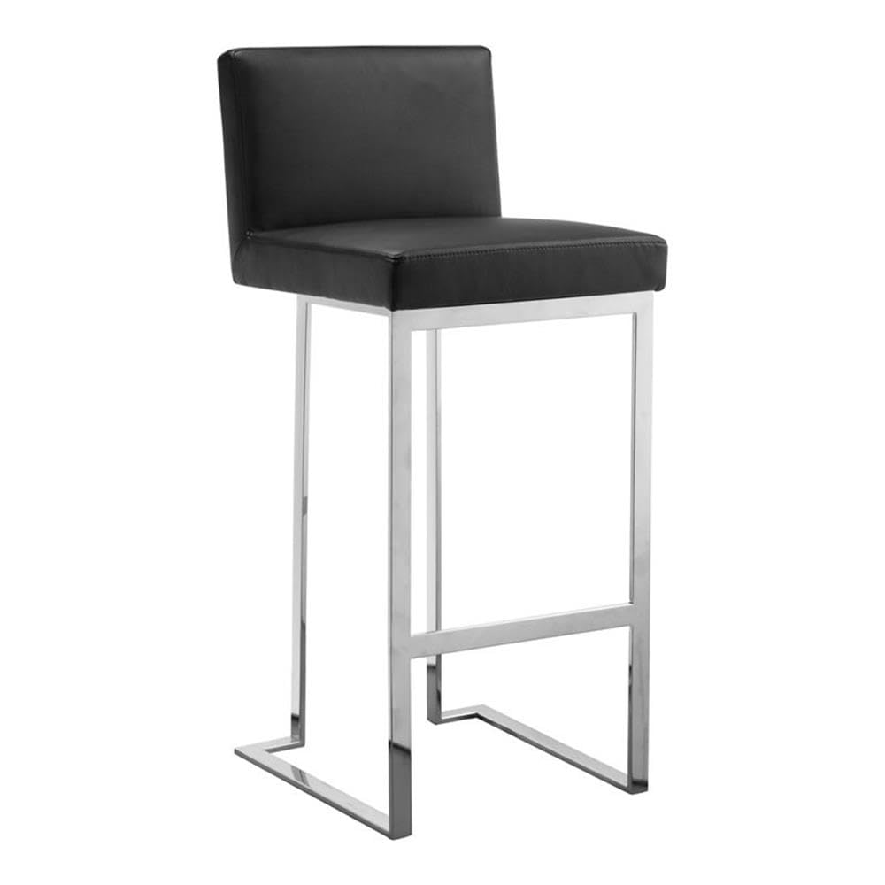 Pangea Home Dexter 30&quot; Modern Faux Leather & Polished Steel Bar Stool In Black