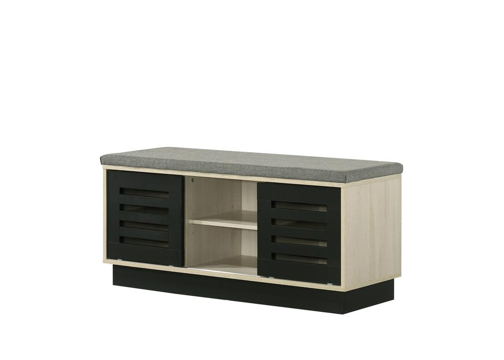LILOLA LIVING Brett 38.5" W Oak Finish Shoe Cabinet with Sliding Doors, Upholstered Top