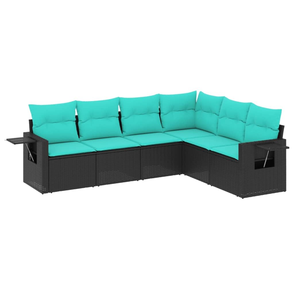 vidaXL Patio Sofa Set with Cushions/Outdoor Furniture 6 Piece Black Poly Rattan - Modular Design, Comfortable Blue Cushions, Foldable Side Tables, Easy Maintenance - Ideal for Patio, Garden, Backyard