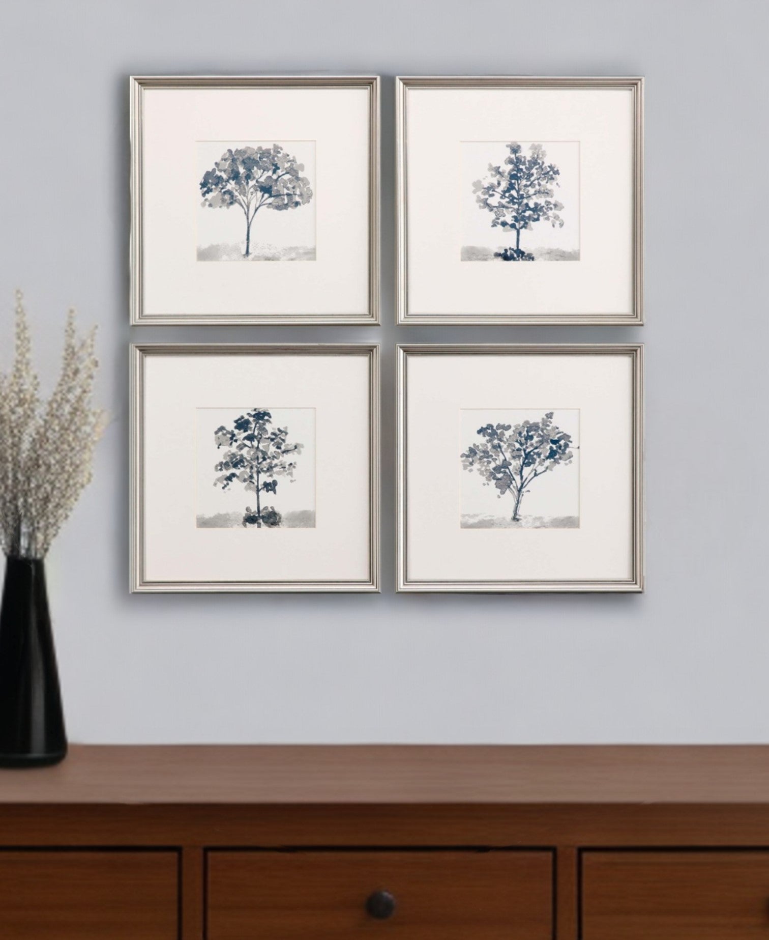 Set Of Four Slate Trees Silver Framed Print Wall Art