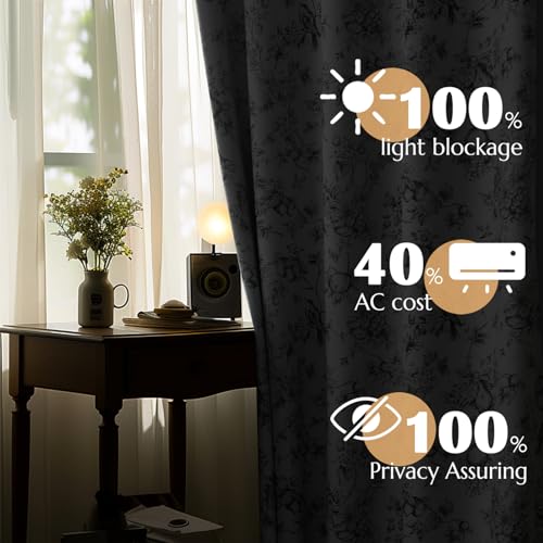 Jinchan 100% Blackout Floral Curtains 96 Inches Long, Printed Flower Grey Blackout Curtains For Bedroom Rod Pocket Back Tab Full Blackout Curtains Thermal Insulated Window Drapes, 2 Panels Gray