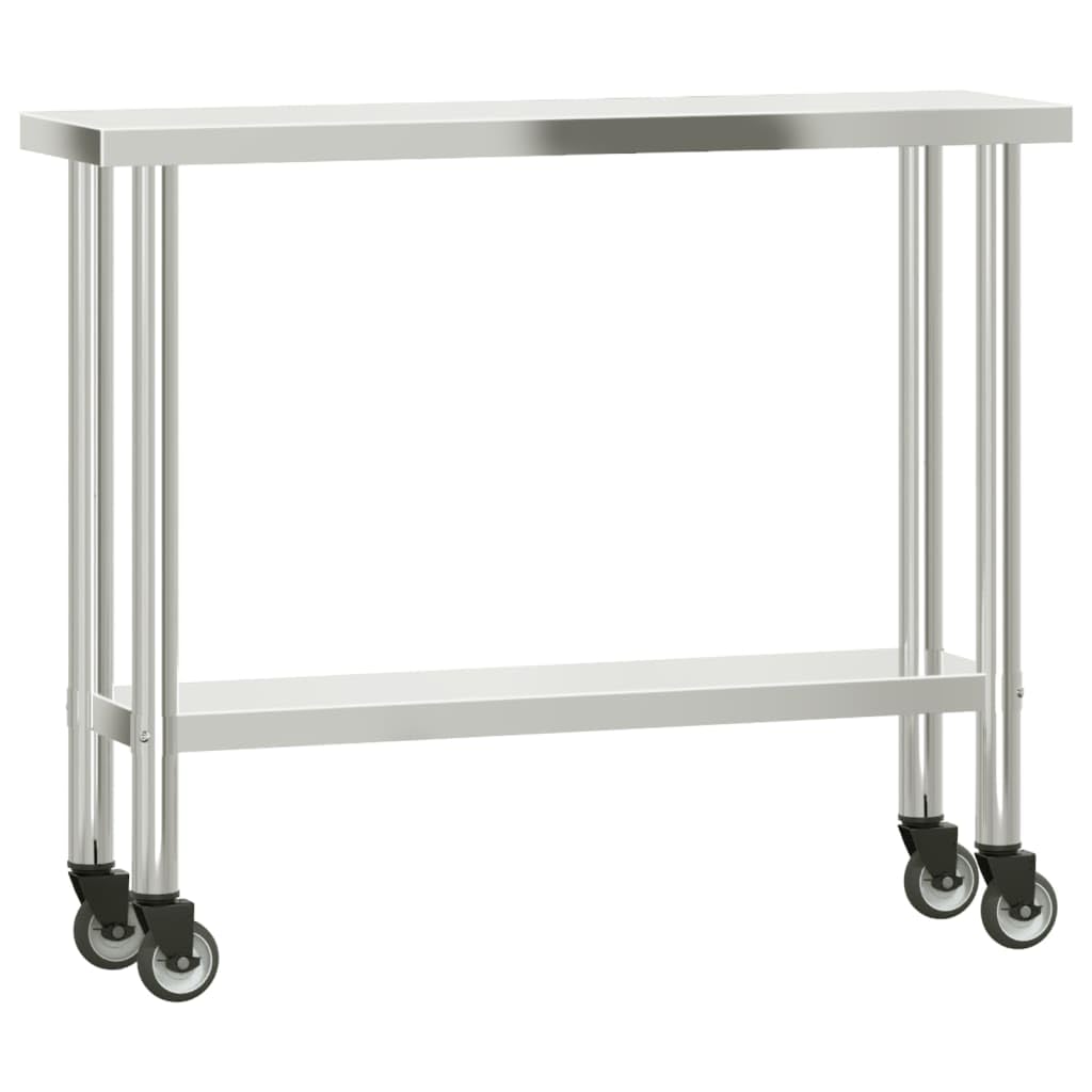 vidaXL Stainless Steel Kitchen Work Table on Wheels - 43.3&quot;x11.8&quot;x33.5&quot; - Silver Rolling Prep Station for Commercial Use