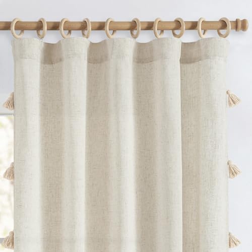 Jinchan Linen Curtains With Tassels Curtains For Living Room 63 Inch Length Boho Curtains Rod Pocket Back Tab Pom Poms Linen Farmhouse Bedroom Curtains Semi Sheer 2 Panels Ecru Window Curtain Set