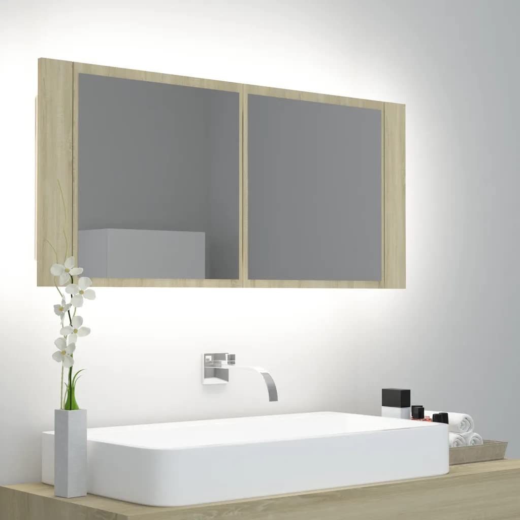 vidaXL LED Bathroom Mirror Cabinet Sonoma Oak 39.4&quot;x4.7&quot;x17.7&quot;