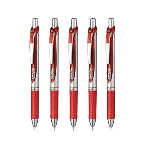 Pentel Energel Retractable Ballpoint Pen(Bln75Z-B), Extra Fine Point 0.5Mm Needle Tip, Red Ink, Silver Body, Value Set Of 5