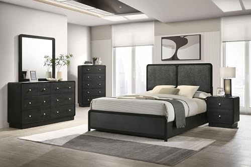 Coaster Home Furnishings Cavelle Transitional 5-Piece Bedroom Set Chenille Upholstered Eastern King Size Panel Bed Frame 51-inch Headboard Black 223661KE-S5