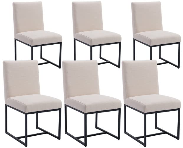 Vescasa Linen Upholstered Dining Chairs Set Of 6, Mid Century Modern Padded Chair With Black Metal Frame For Restaurant, Dining