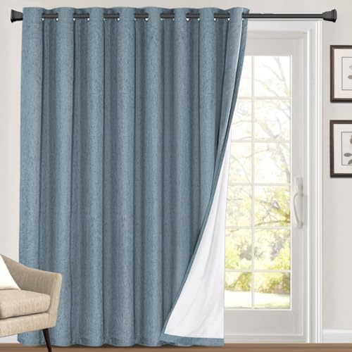 Princedeco 100% Blackout Linen Look Patio Door Curtain 84 Inches Long Extra Wide Thermal Insulated Grommet Curtain Drapes For Living Room/Sliding Glass Door,W100 X L84 Inch, Stone Blue