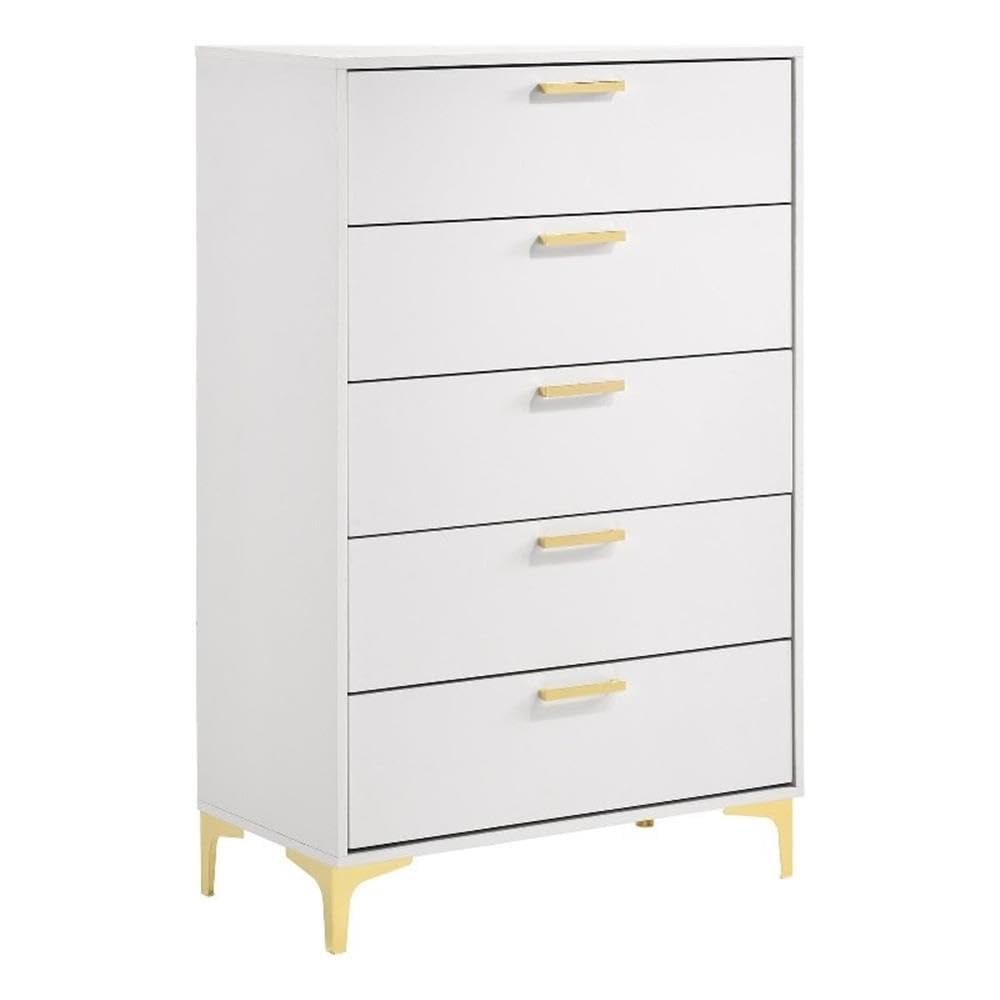 Coaster Home Furnishings Kendall 5-Drawer Contemporary Chest of Drawers Bedroom Clothing Storage Cabinet Engineered Wood Eco-Friendly Laminate with Gold Metal Legs and Handles White 224405