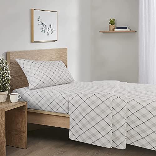 Comfort Spaces Cotton Flannel Breathable Warm Deep Pocket Sheets With Pillow Case Bedding, Twin, Grey Plaid, 3 Piece