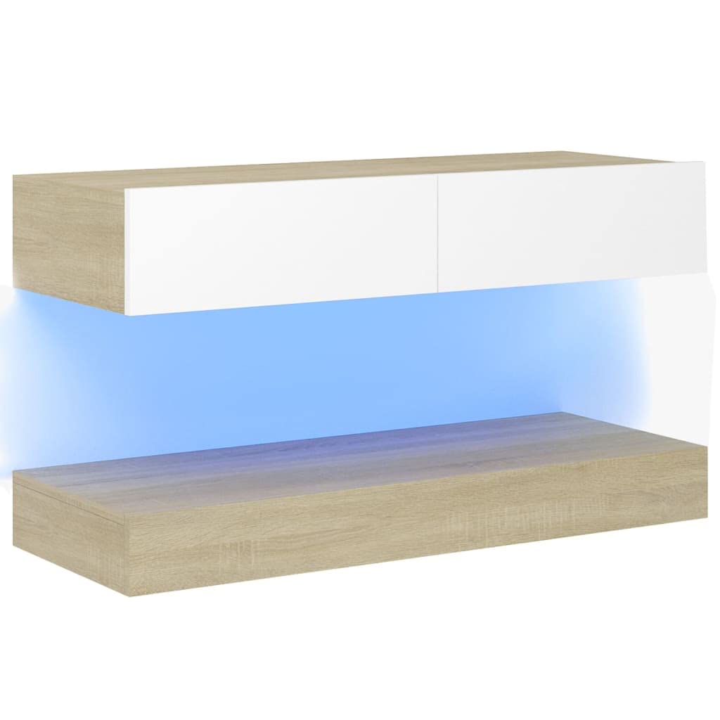 vidaXL TV Cabinet with LED Lights White and Sonoma Oak 35.4&quot;x13.8&quot;