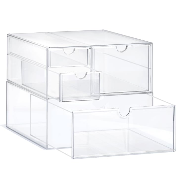 Prsildan Acrylic Drawer Makeup Organizer With 4 Drawers, Set Of 2 Office Desk Organizers Accessories, Clear Stackable Storage Dr