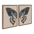 Sylvie Boho Butterfly Watercolor Diptych Neutral Linen Framed Canvas Art Set by The Creative Bunch Studio