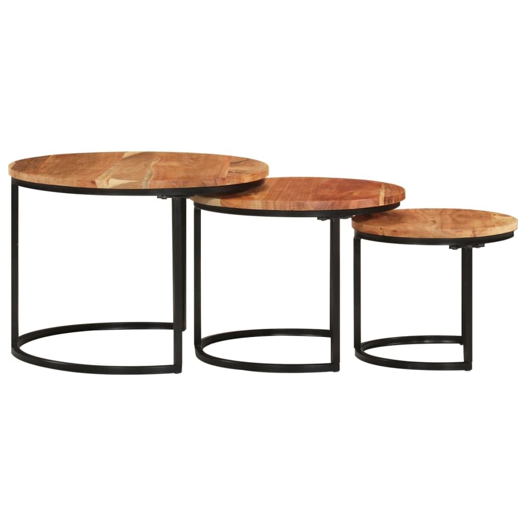 vidaXL Solid Acacia Wood Nesting Coffee Tables - Set of 3, Multifunctional Side Tables with Black Iron Frame, Suitable for Living Room and Office Spaces