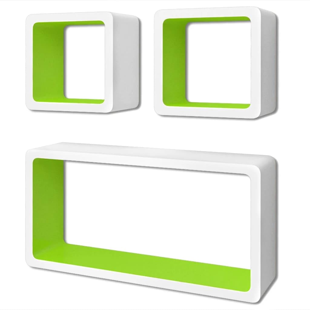 3 White-Green Mdf Floating Wall Display Shelf Cubes Book/Dvd Storage