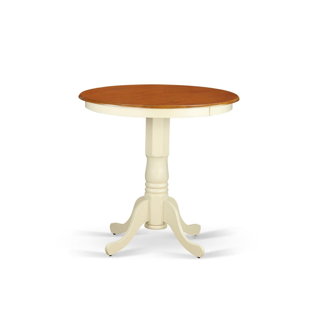 East West Furniture JAGR3-WHI-W 3 Piece Kitchen Counter Height Dining Table Set Contains a Round Pub Table with Pedestal and 2 Dining Room Chairs, 36x36 Inch, Buttermilk & Cherry