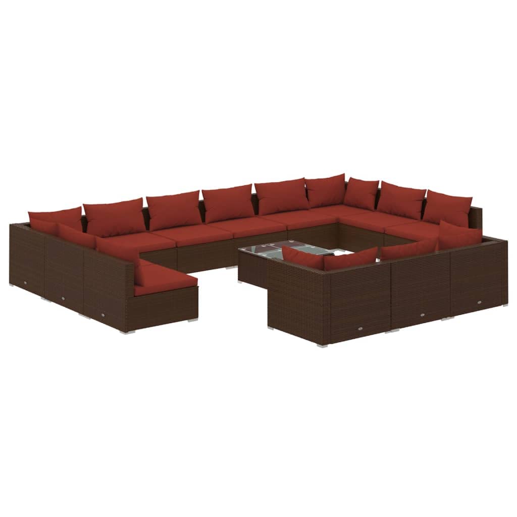 vidaXL Patio Lounge Set 14 Piece, Patio Furniture Set for Outdoor Garden, Sectional Sofa with Cushions, Corner Sofa, Brown Poly Rattan