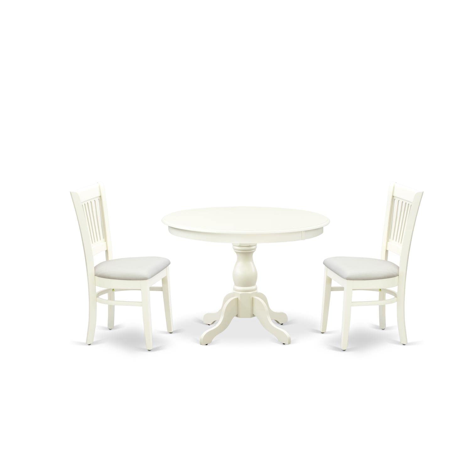 East West Furniture Hbva3-Lwh-C 3 Piece Dining Set Contains A Round Dining Room Table With Pedestal And 2 Linen Fabric Upholstered Chairs, 42X42 Inch, Linen White
