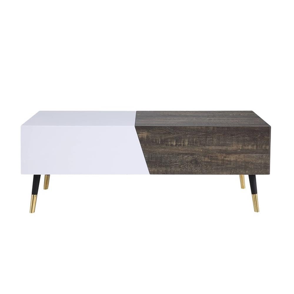 Acme Orion Rectangular Wooden Coffee Table in White High Gloss and Rustic Oak