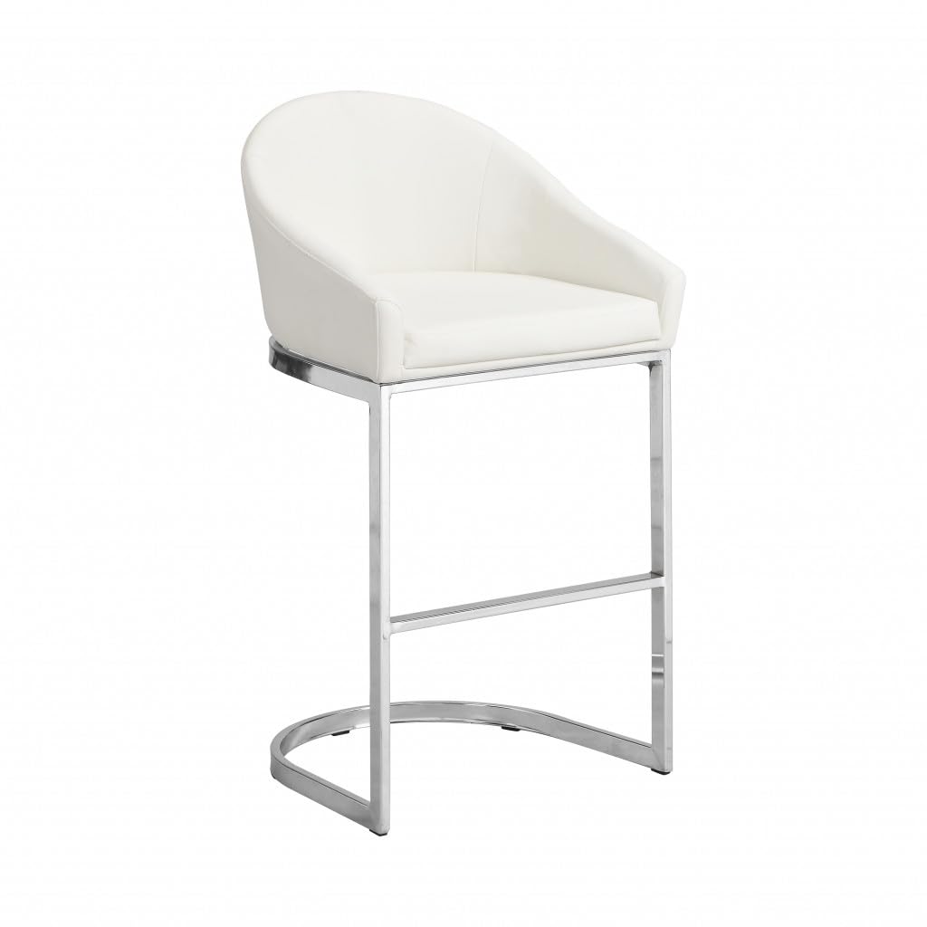 HomeRoots 516188 35 in. White Faux Leather & Steel Low Back Bar Height Chair with Footrest