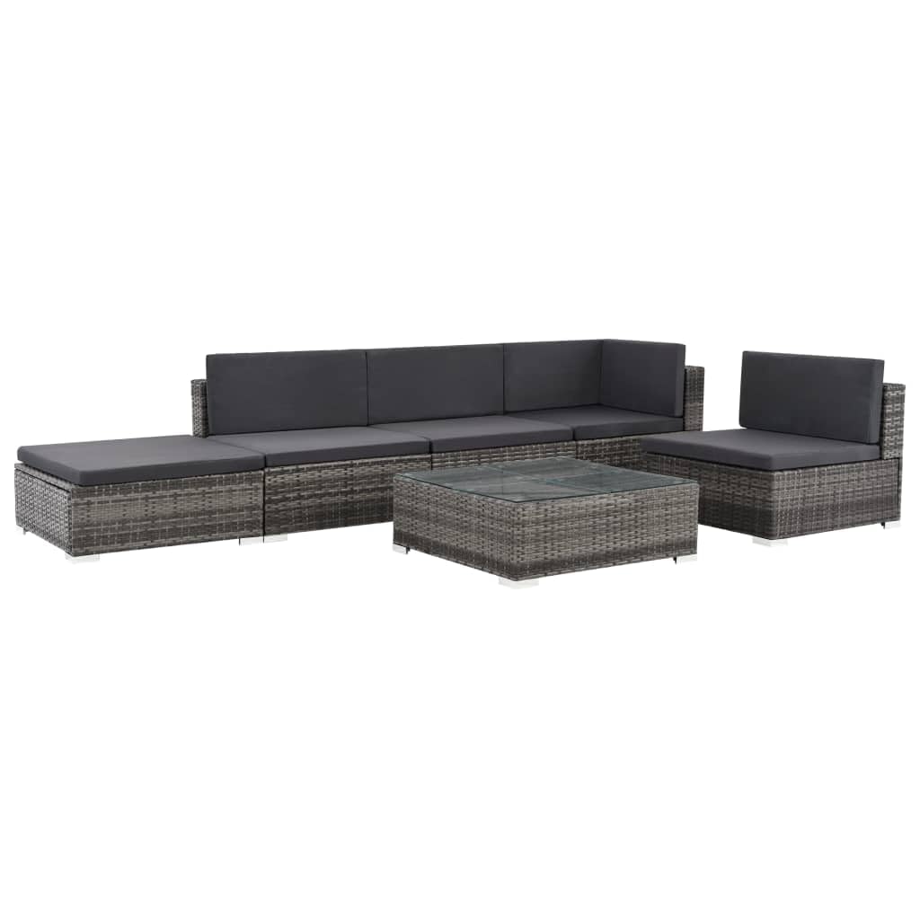 vidaXL Patio Lounge Set - 6-Piece Poly Rattan Gray Sectional Sofa Set with Coffee Table and Ottoman - Comfortable Outdoor Seating with Cushions