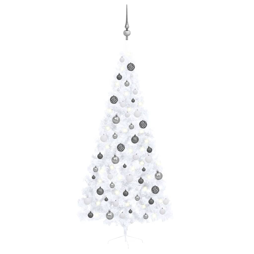 vidaXL – 82.7&quot; White Artificial Half Christmas Tree with LED Lights & Ball Set – Indoor PVC Holiday Décor with Energy-Efficient LEDs, USB Connection & Steel Frame