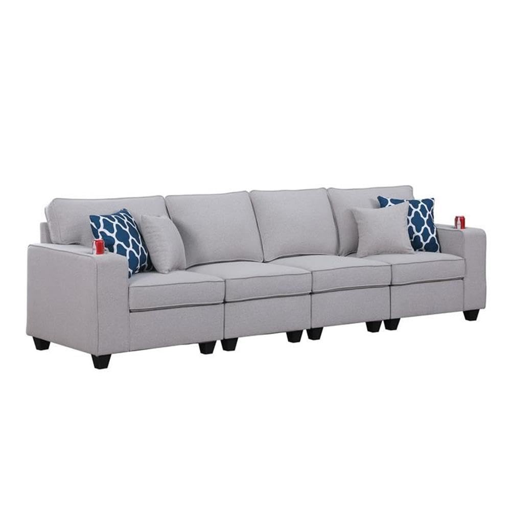 Lilola Home Cooper Light Gray Linen 4-Seater Sofa with Cupholder