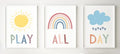 Kids Wall Art, Playroom Wall Poster, Rainbow and Sunshine Retro Wall Art, Play All Day (Set of 3) - Unframed - Nursery, Kids Roo