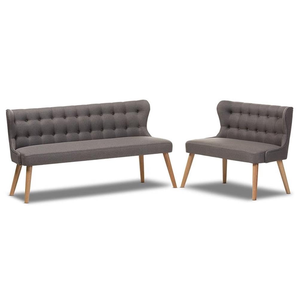 Baxton Studio Melody Mid-Century Modern Natural Wood Finishing Grey Fabric 2-Piece Settee Set