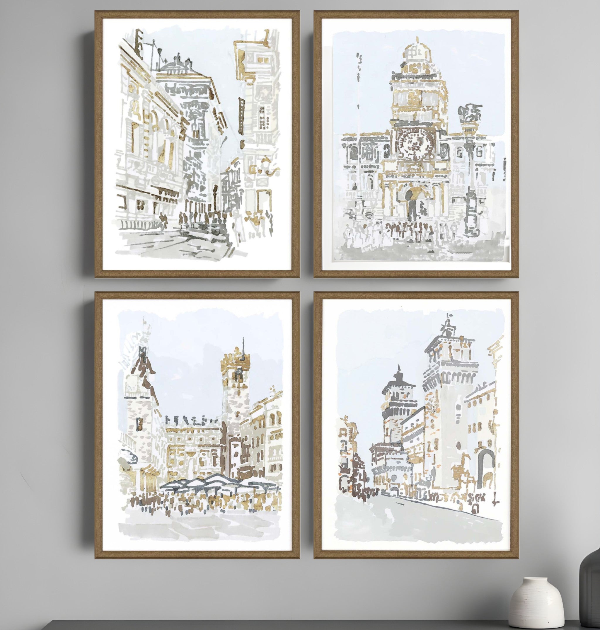Set Of Four Street Scenes Gold Framed Print Wall Art