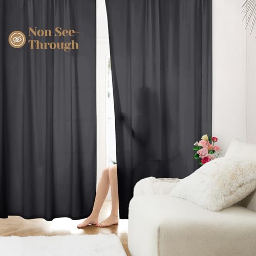 Homeideas Non-See-Through Black Privacy Sheer Curtains 52 X 72 Inches Long 2 Panels Sheer Curtains Light Filtering Window Curtains Drapes For Bedroom Living Room