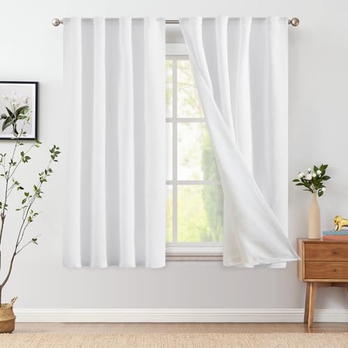 Jinchan Linen Blend White Curtains 63 Inch Length For Living Room Farmhouse Rod Pocket Back Tab Light Filtering Window Drapes With Lined For Bedroom White 2 Panels