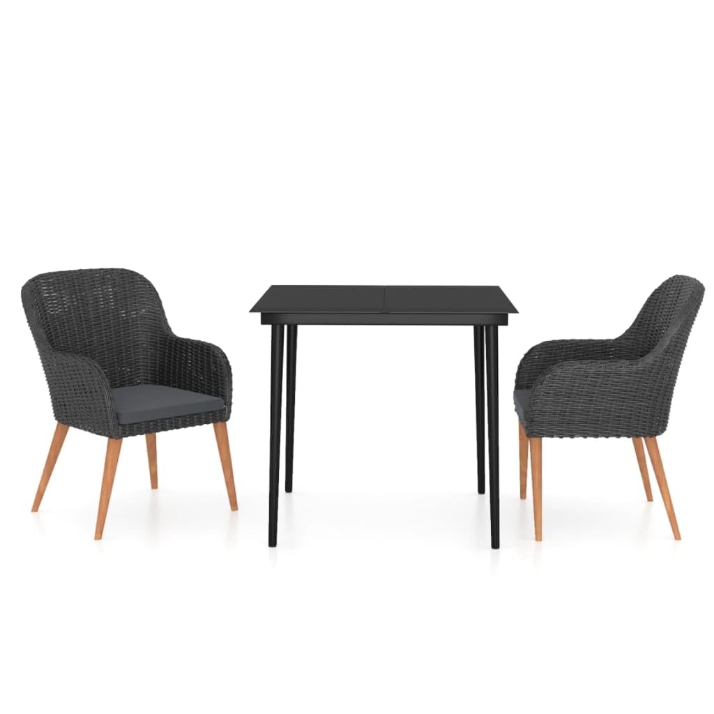 vidaXL 3-Piece Patio Dining Set - Outdoor Dining Furniture with Poly Rattan, Powder-Coated Steel, Solid Acacia Wood, Glass Tabletop and Polyester Cushion Covers – Black