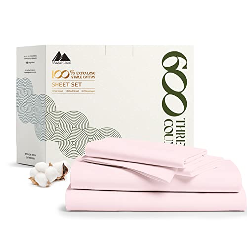 Mayfair Linen 600-Thread-Count Twin Sheet Set - Pure 100% Cotton Sheets - 3 Pc Blush Bedsheet For Twin Bed, Soft Cooling Sheets
