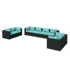 vidaXL 8-Piece Poly Rattan Patio Lounge Set, Water-Resistant Outdoor Furniture, Modular Design with Cushions, Black with Water Blue Cushions