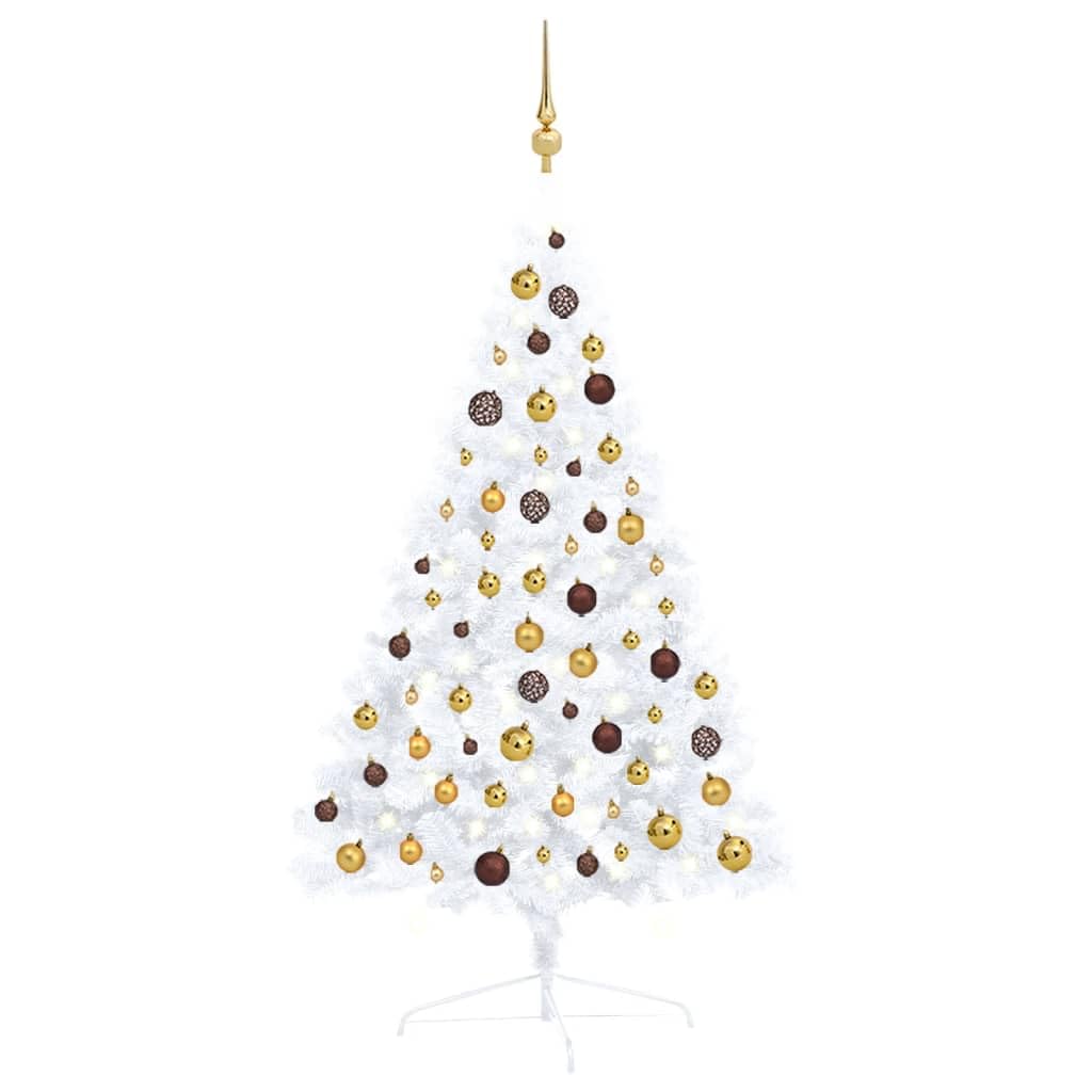 Vidaxl Artificial Half Pre-Lit Christmas Tree With Balls – White Pvc Tree, Space-Saving Design, 47.2&quot; Height, Lifelike Appearance, Led Lights, Complete Xmas Set